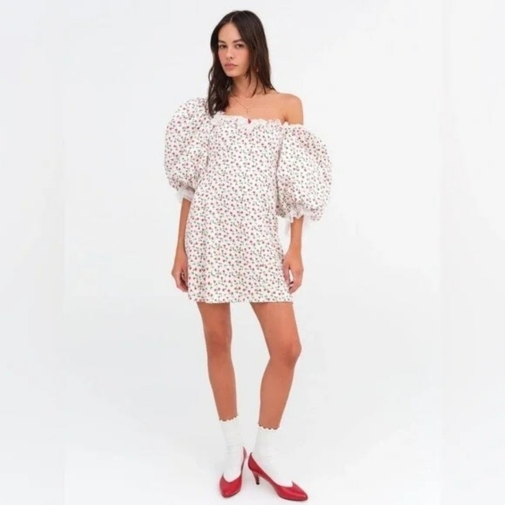 For Love & Lemons Nora Mini Dress Puff Bubble Sleeve White And Red Rosebud S